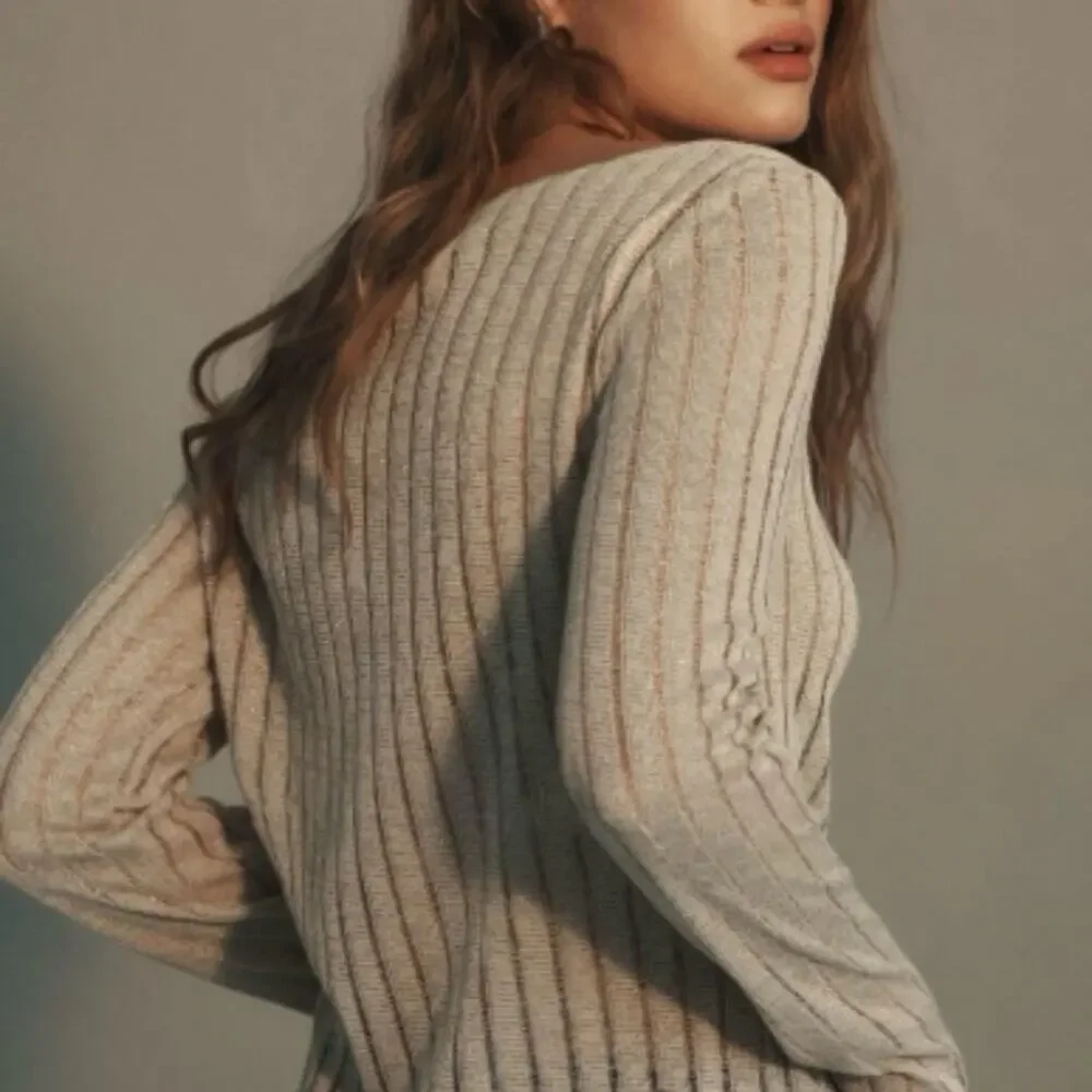 Anthropologie Pilcro Perfect Layering Tee S Beige Metallic Ribbed Knit Sparkle - Picture 2 of 10